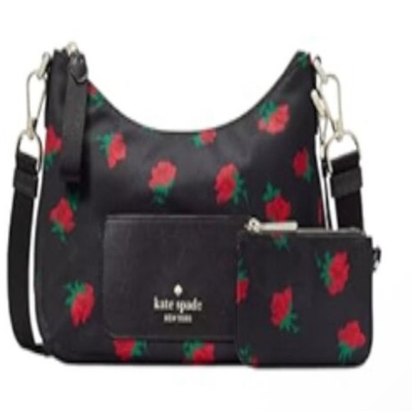 Kate Spade NewYork Chelsea Black Nylon Crossbody Bag & Pouch Red Roses KE437 - Picture 6 of 9